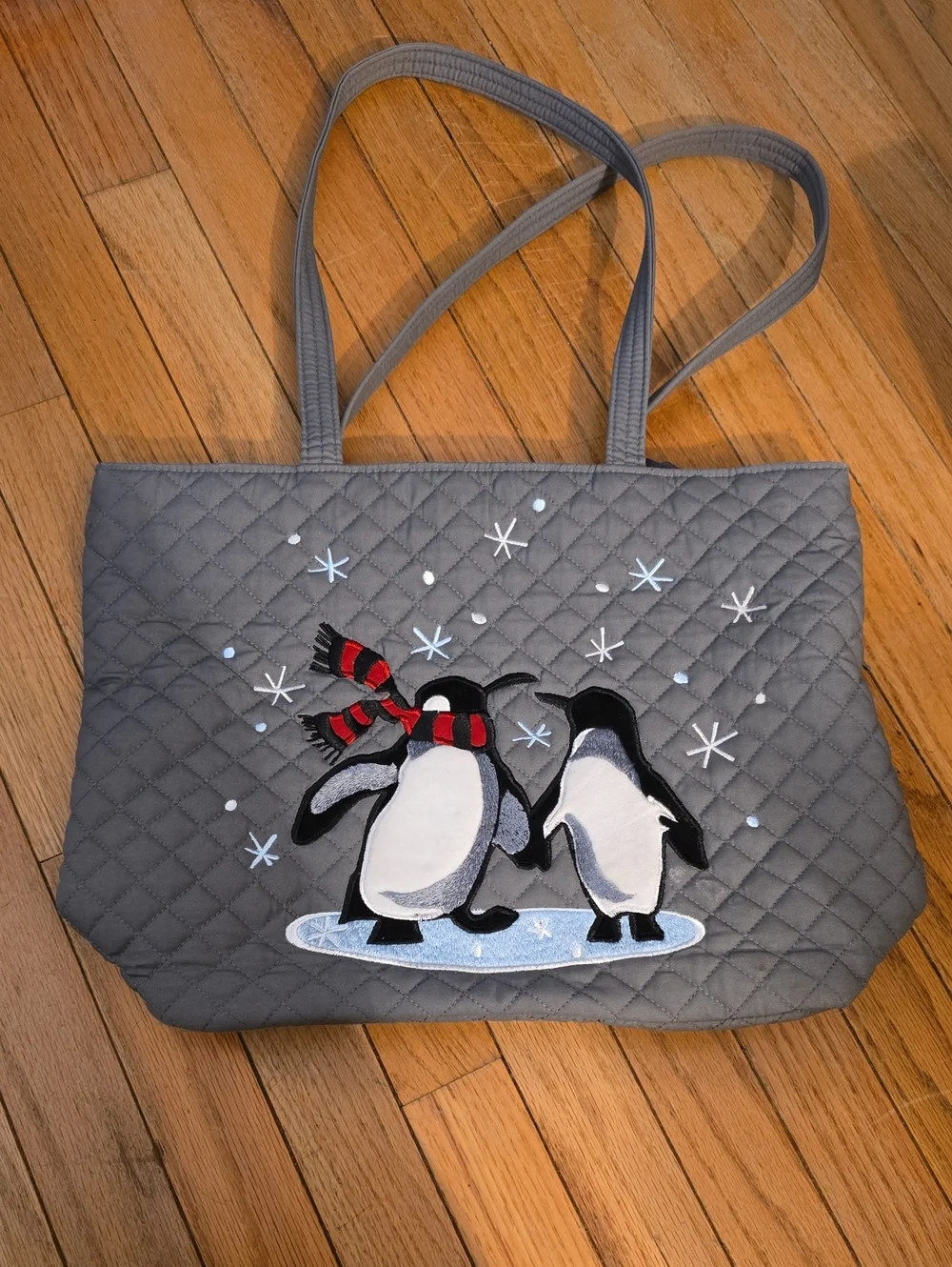 Vera Bradley Gray Quilted Tote with Penguin Embroidery